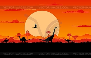 Dinosaurs silhouettes sunset prehistoric landscape - vector clipart