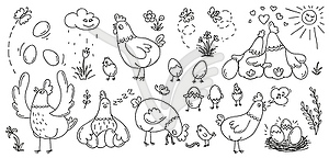 Doodle hen and chickens in playful activities - vector clip art