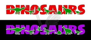 Dinosaur silhouettes lettering, red purple letters - vector clipart