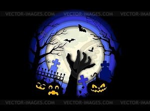 Halloween paper cut banner with scary zombie hand - vector clipart
