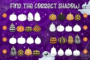 Halloween kids game find correct shadow of pumpkin - vector image
