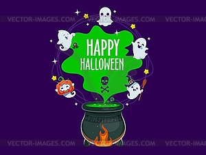 Halloween cute kawaii ghosts near magic cauldron - vector image