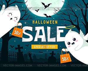 Kawaii ghosts on cemetery Halloween sale banner - vector image