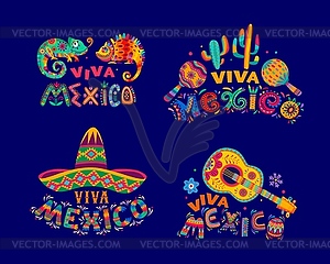 Viva Mexico lettering icons with sombrero, guitar - vector image