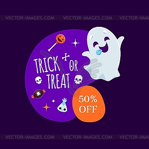 Halloween sale frame and kawaii ghost character - vector image