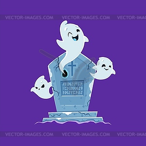 Cartoon Halloween ghost characters near tombstone - vector clipart