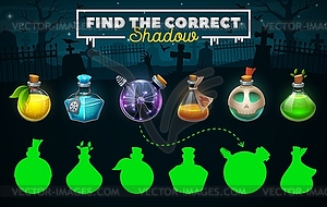 Halloween game, find correct potion bottle shadow - vector image