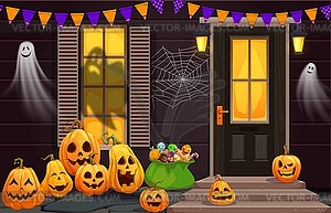 Halloween decorated door porch with funny ghosts - vector image