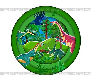 Paper cut landscape with prehistoric dinosaurs - vector clipart / vector image