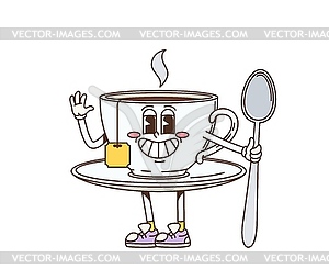 Retro cartoon groovy breakfast tea cup character - vector image