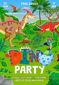 Праздничный флаер Kids dino party с забавными динозаврами - векторный рисунок