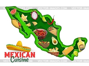 Мексиканская кухня, карта Мексики, вырезанная из бумаги, латиноамериканская кухня - векторный клипарт EPS