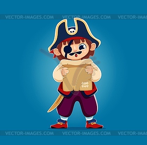 Мультяшный мальчик-пират-моряк с картой сокровищ - клипарт в векторном виде