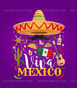 Viva Mexico banner with sombrero, guitar, tequila - color vector clipart