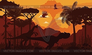 Prehistoric dinosaur silhouettes on dusk landscape - vector image