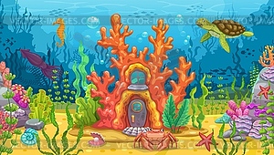 Подводный игровой пейзаж с домиком на коралловом рифе - векторизованное изображение