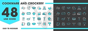 Kitchen cookware icons, crockery plates or utensil - vector image