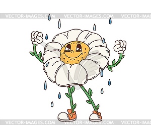 Cartoon groovy daisy flower character in rain - vector clipart