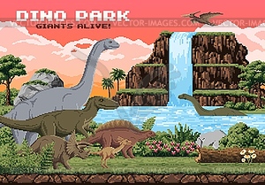 8 bit pixel art dinosaurs, arcade game landscape - vector clipart