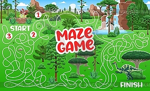 Labyrinth maze game, help to dino kid find mother - vector clipart / vector image