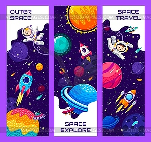 Space travel banners with kid astronaut characters - vector clipart