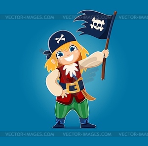 Cartoon kid pirate character with jolly roger flag - vector clipart