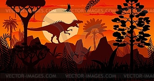 Силуэт доисторического динозавра спинозавра на закате - векторный рисунок