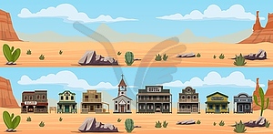 Desert landscape, Western Wild West town buildings - vector image