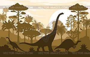 Dinosaur silhouettes in jungles, Jurassic lizards - vector image