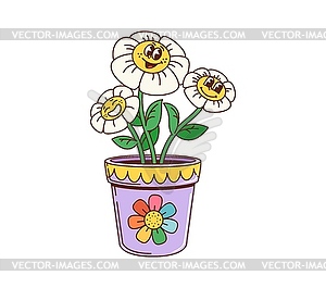 Cartoon retro groovy daisy flowers growing in pot - vector clip art