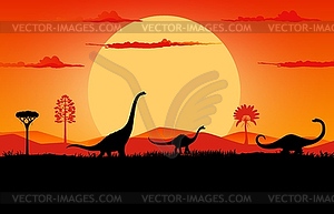 Dinosaurs silhouettes sunset prehistoric landscape - vector clipart