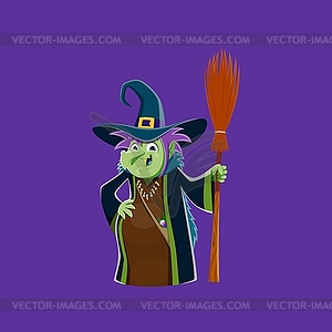 Cartoon Halloween witch character with broom - vector image