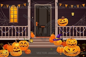 Мультяшные тыквы на Хэллоуин на праздничном крыльце - стоковое векторное изображение