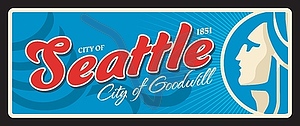 Seattle american plaque, USA retro travel plate - vector image