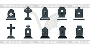 Cemetery graveyard tombstones and RIP gravestones - vector clipart