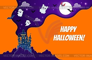 Halloween paper cut banner with castle and ghosts - vector image