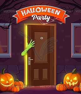 Halloween door porch, pumpkins and zombie hand - vector clip art