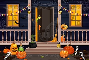 Крыльцо дома ведьм на Хэллоуин с привидениями - векторное изображение EPS