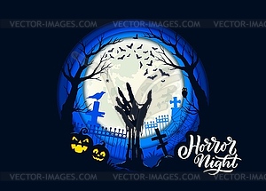 Праздничный баннер, вырезанный из бумаги на Хэллоуин, с изображением руки зомби - рисунок в векторном формате