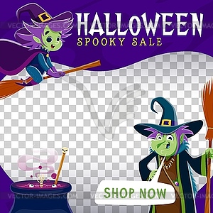 Halloween sale banner template, witch and cauldron - vector clip art