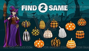 Halloween game, help to witch find two pumpkins - vector clipart