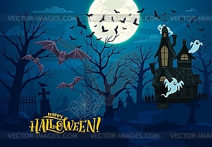 Halloween landscape with dark castle, bats, ghosts - vector clip art