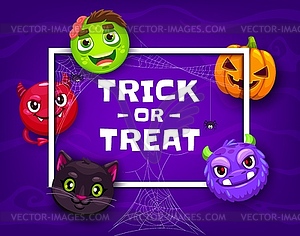 Halloween emoji and trick or treat holiday frame - vector image