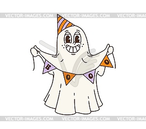 Retro groovy Halloween ghost with party hat, flags - vector image