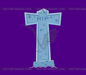 Halloween font, letter T tombstone RIP on cemetery - vector image