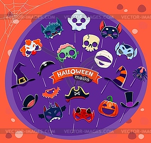 Halloween photo booth masks with cartoon props - vector image