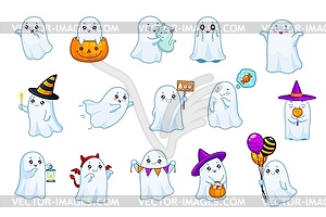 Halloween kawaii ghost characters, funny cute boo - vector clip art