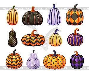 Halloween cartoon pumpkins with holiday ornaments - vector clipart