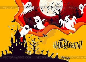 Halloween paper cut banner with castle and ghosts - vector image