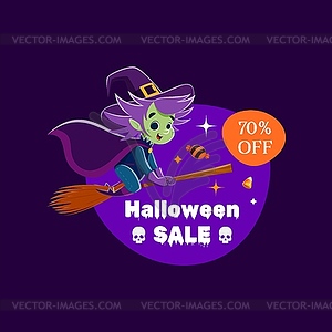 Halloween sale frame and witch flying on broom - vector clipart